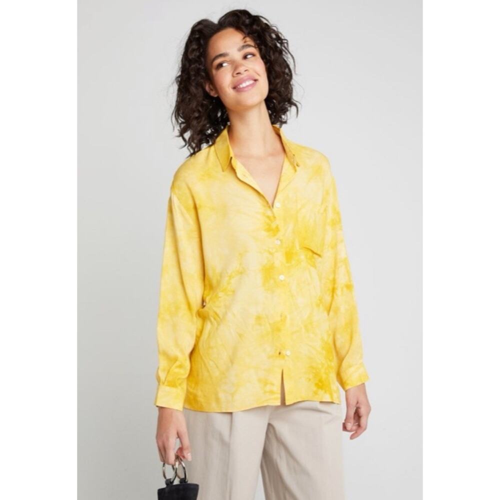 NWT Caara Women's Yellow & White Button Down Tie Dye Long Sleeve Shirt Size 3XL